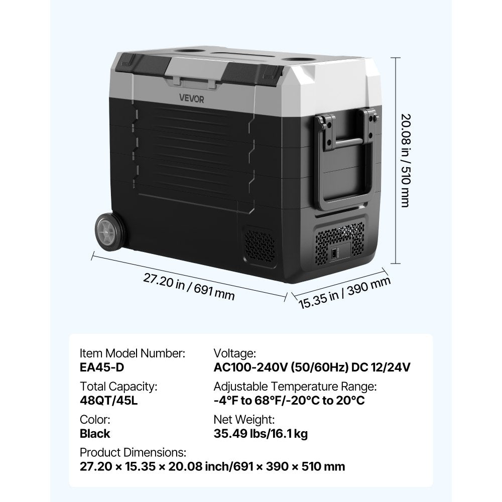 VEVOR Car Refrigerator, DC 12/24V AC100-240V Compressor Electric Cooler, -4°F to 68°F Truck Refrigerator with APP Control, Wheels & Dual Zone, 48 QT Cars Cooler for RVs, Boats, Camping, Fishing