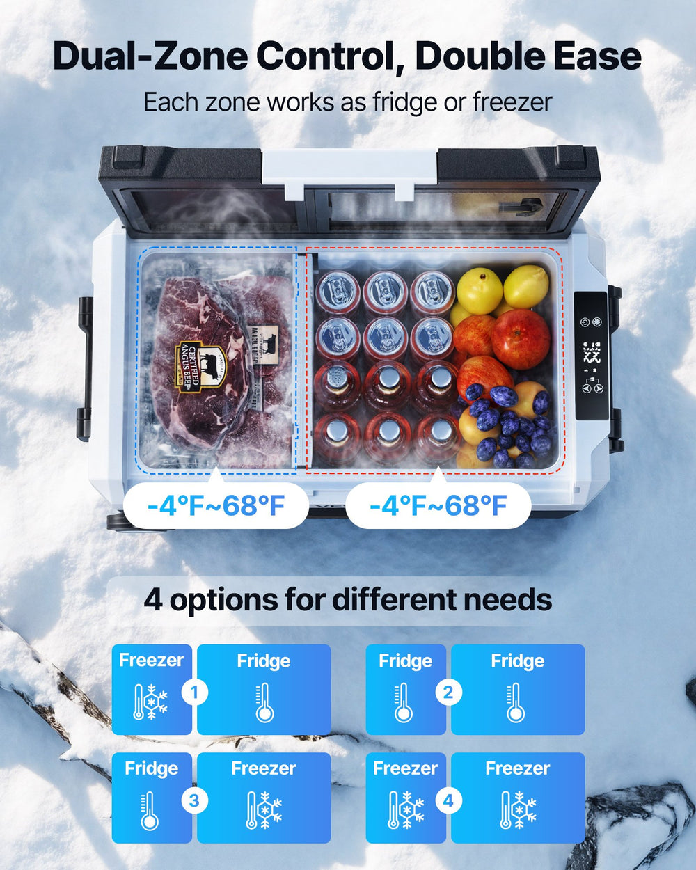 VEVOR Car Refrigerator, DC 12/24V AC100-240V Compressor Electric Cooler, -4°F to 68°F Truck Refrigerator with APP Control, Wheels & Dual Zone, 48 QT Cars Cooler for RVs, Boats, Camping, Fishing