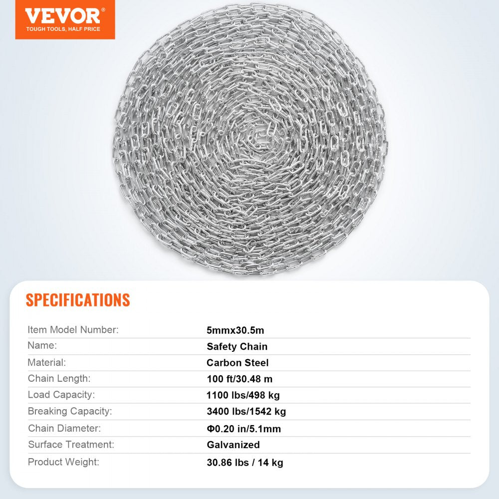 VEVOR Proof Coil Chain, 3/16" x 100', 1100 lbs Safe Working Load, Zinc Plated Proof Tested Coil Chain with Two Quick Links, Galvanized Carbon Steel Link Chain for Towing, Hanging, Camping, Pet Towing