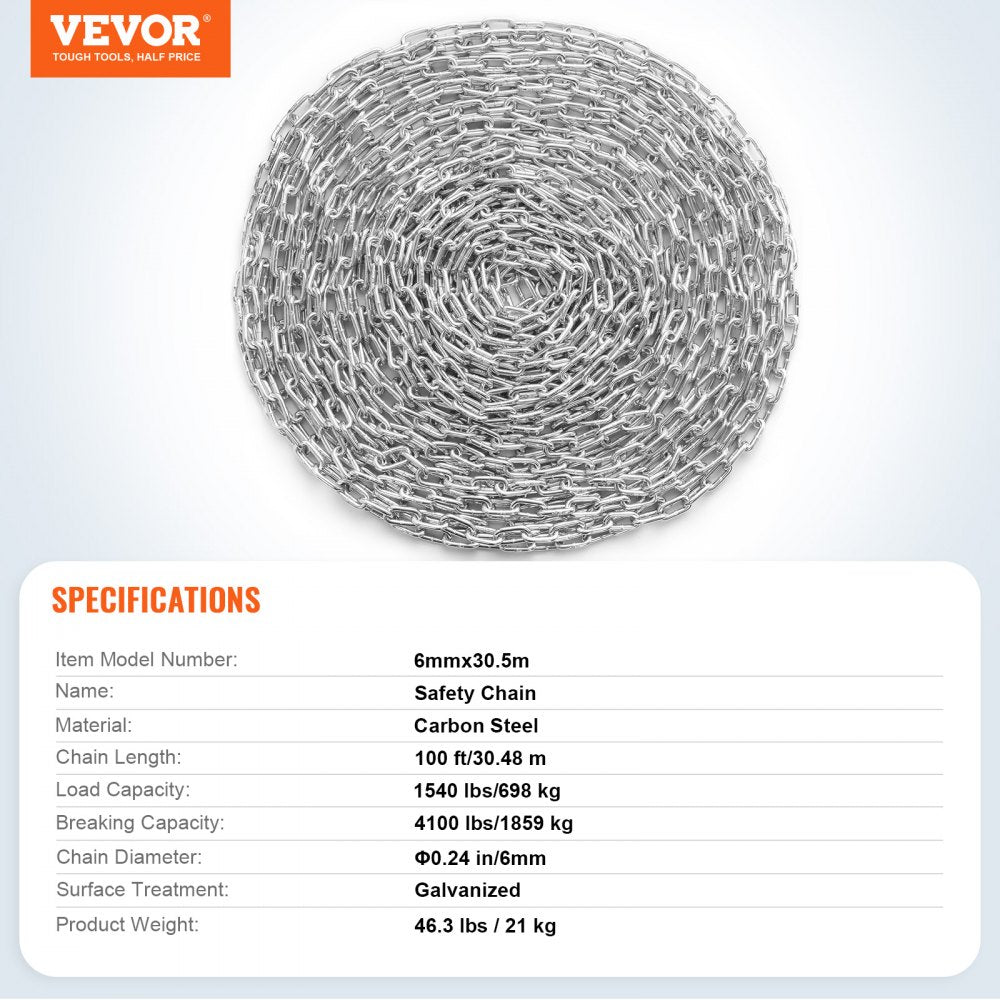 VEVOR Proof Coil Chain, 1/4" x 100', 1540 lbs Safe Working Load, Zinc Plated Proof Tested Coil Chain with Two Quick Links, Galvanized Carbon Steel Link Chain for Towing, Hanging, Camping, Pet Towing