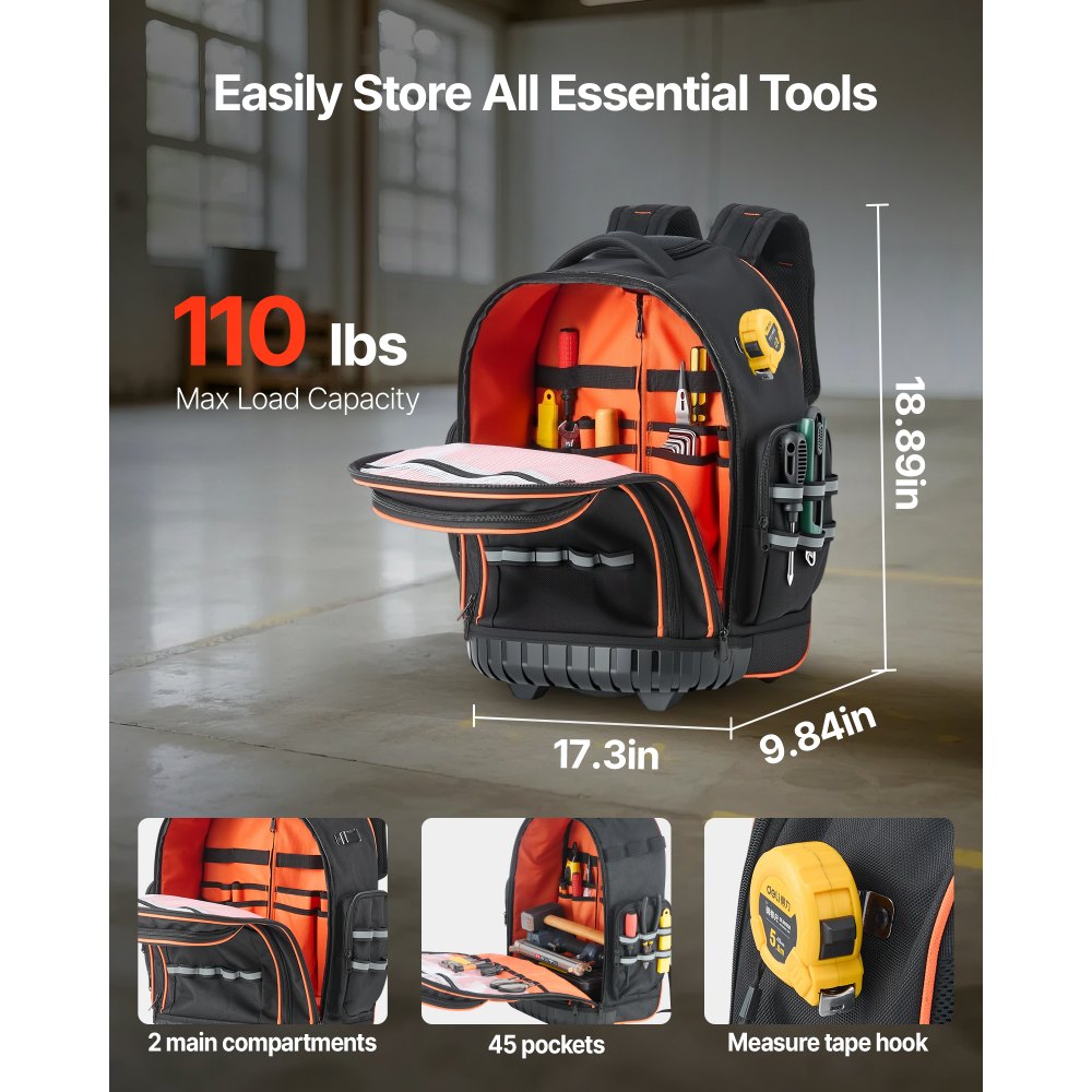 VEVOR Rolling Tool Backpack, 110 lbs Load Capacity, 45 Pockets Heavy Duty Roller Tool Bag on Wheels, Adjustable Telescoping Handle & Stable Base, Toolbag Organizers for Construction, Mechanic