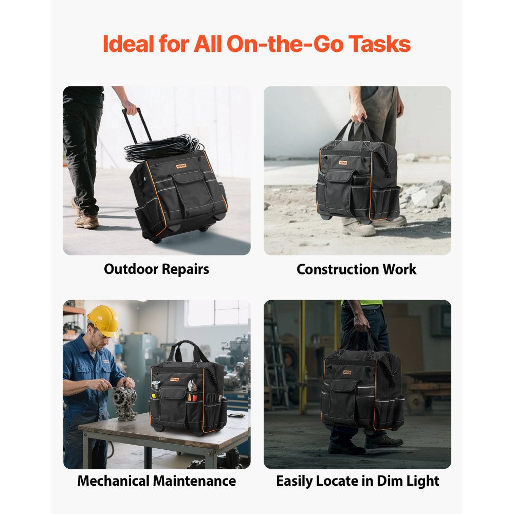 VEVOR Rolling Tool Bag, 110 lbs Load Capacity, 25 Pockets Heavy Duty Roller Tool Bag on Wheels, Adjustable Telescoping Handle & Stable Base, Toolbag Organizers with Wheels for Construction, Mechanic