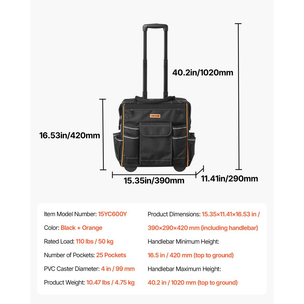 VEVOR Rolling Tool Bag, 110 lbs Load Capacity, 25 Pockets Heavy Duty Roller Tool Bag on Wheels, Adjustable Telescoping Handle & Stable Base, Toolbag Organizers with Wheels for Construction, Mechanic