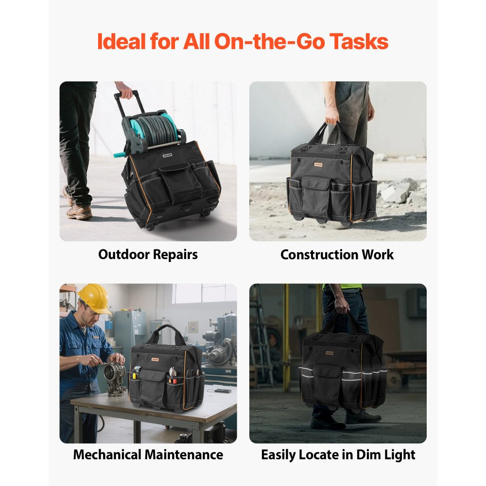 VEVOR Rolling Tool Bag, 110 lbs Load Capacity, 25 Pockets Heavy Duty Roller Tool Bag with Adjustable Telescoping Handle & Stable Base, Toolbag Organizers with Wheels for Electrician, Construction