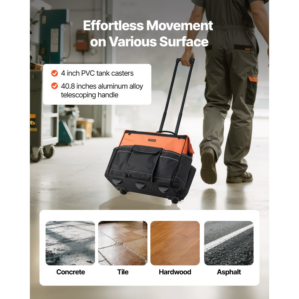 VEVOR Rolling Tool Bag, 110 lbs Load Capacity, 27 Pockets Heavy Duty Roller Tool Bag on Wheels, Adjustable Telescoping Handle & Stable Base, Toolbag Organizers with Wheels for Construction, Mechanic
