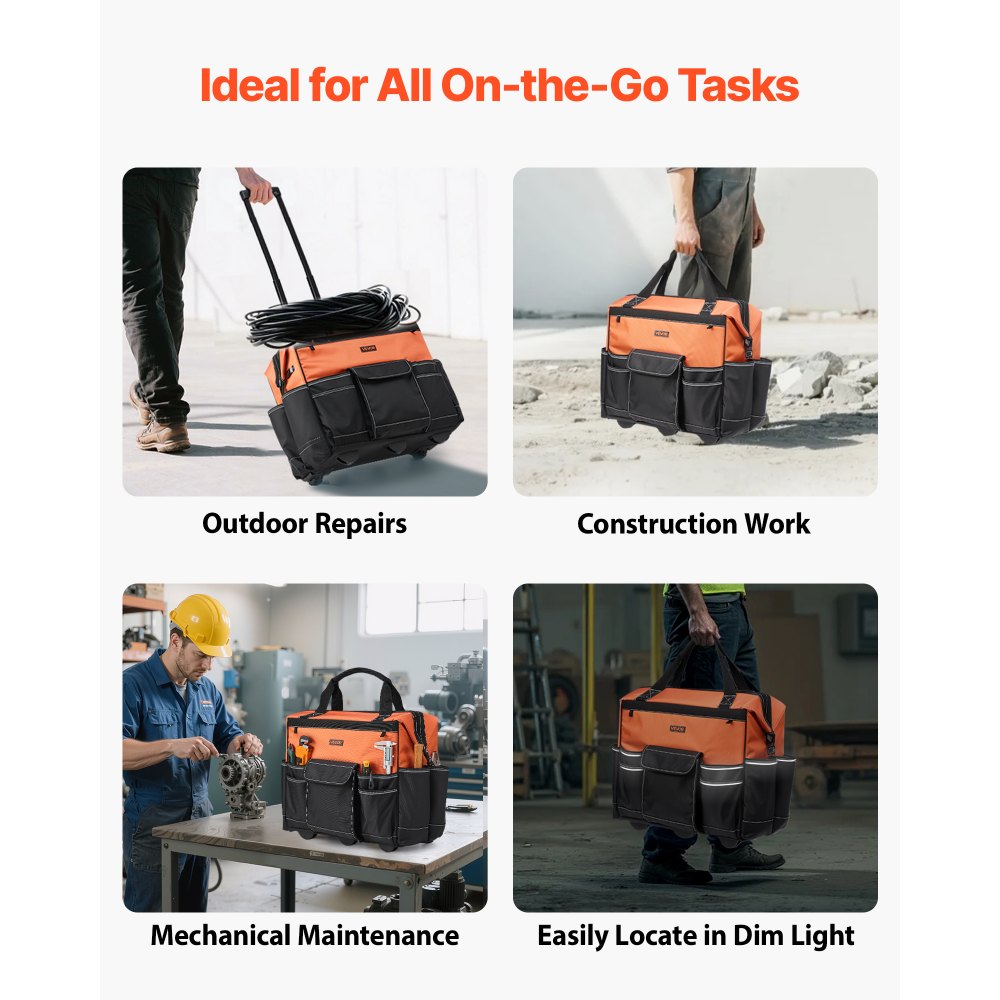 VEVOR Rolling Tool Bag, 110 lbs Load Capacity, 27 Pockets Heavy Duty Roller Tool Bag on Wheels, Adjustable Telescoping Handle & Stable Base, Toolbag Organizers with Wheels for Construction, Mechanic