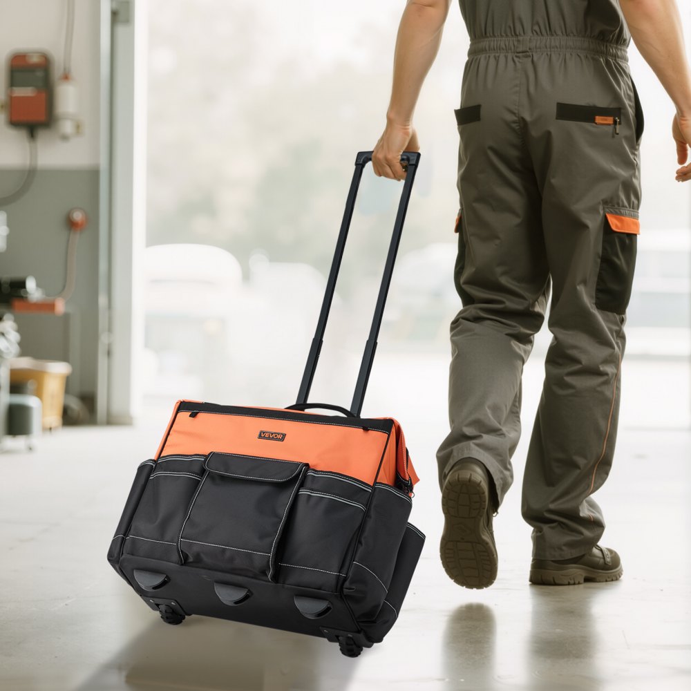 VEVOR Rolling Tool Bag, 110 lbs Load Capacity, 27 Pockets Heavy Duty Roller Tool Bag on Wheels, Adjustable Telescoping Handle & Stable Base, Toolbag Organizers with Wheels for Construction, Mechanic