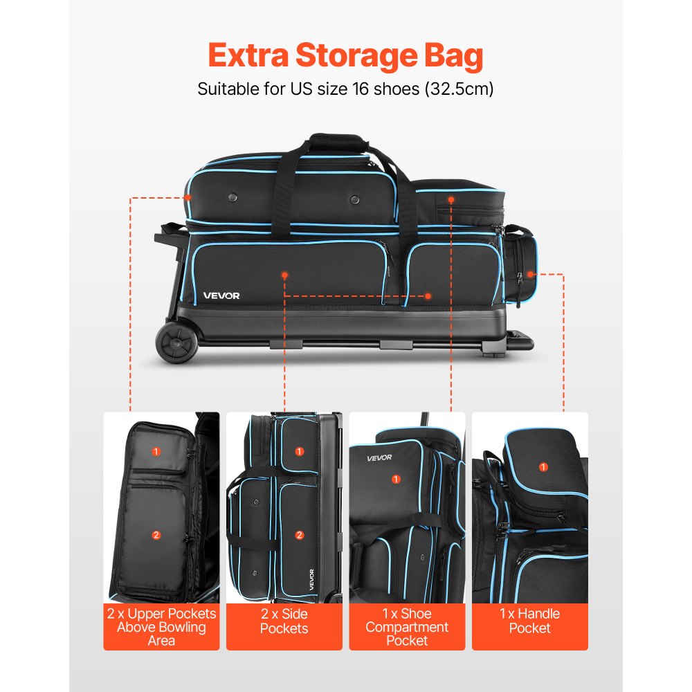 VEVOR Bowling Ball Bag, 3 Ball Double Roller Bowling Bag with Wheels, Featuring a Separate Compartment for Shoes (Up To US Size 16) & Oversized Accessory Pocket, Retractable Handle Extends to 41.34 in