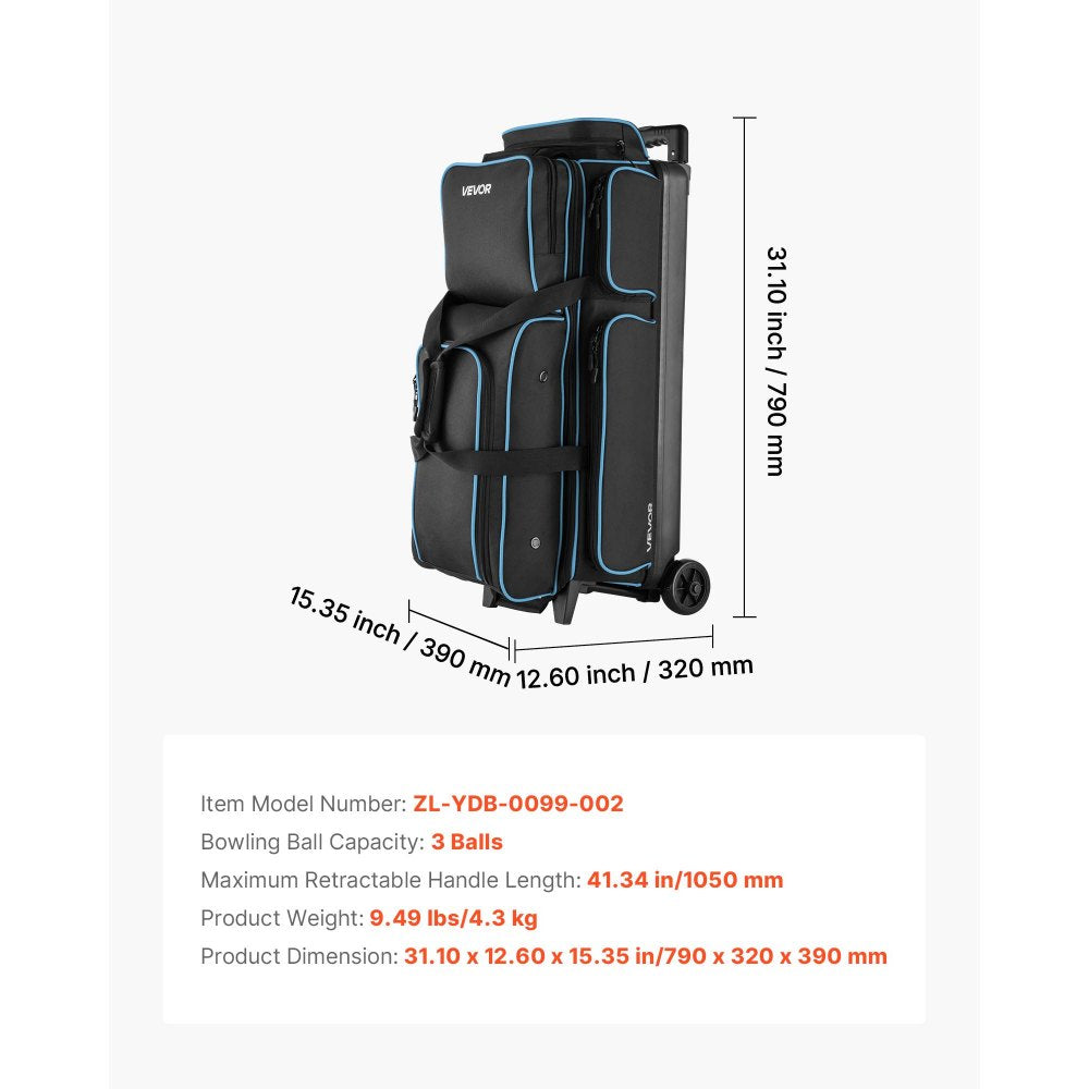VEVOR Bowling Ball Bag, 3 Ball Double Roller Bowling Bag with Wheels, Featuring a Separate Compartment for Shoes (Up To US Size 16) & Oversized Accessory Pocket, Retractable Handle Extends to 41.34 in
