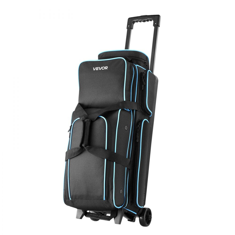 VEVOR Bowling Ball Bag, 3 Ball Double Roller Bowling Bag with Wheels, Featuring a Separate Compartment for Shoes (Up To US Size 16) & Oversized Accessory Pocket, Retractable Handle Extends to 41.34 in