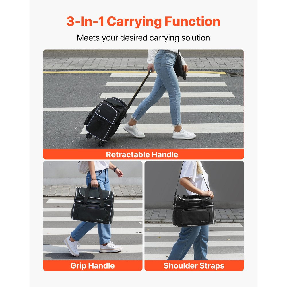 VEVOR Bowling Ball Bag, 2 Ball Four Roller Bowling Bag with Wheels, Featuring a Separate Compartment for Shoes (Up To US Size 16) & Oversized Accessory Pocket, Retractable Handle Extends to 37.4 in