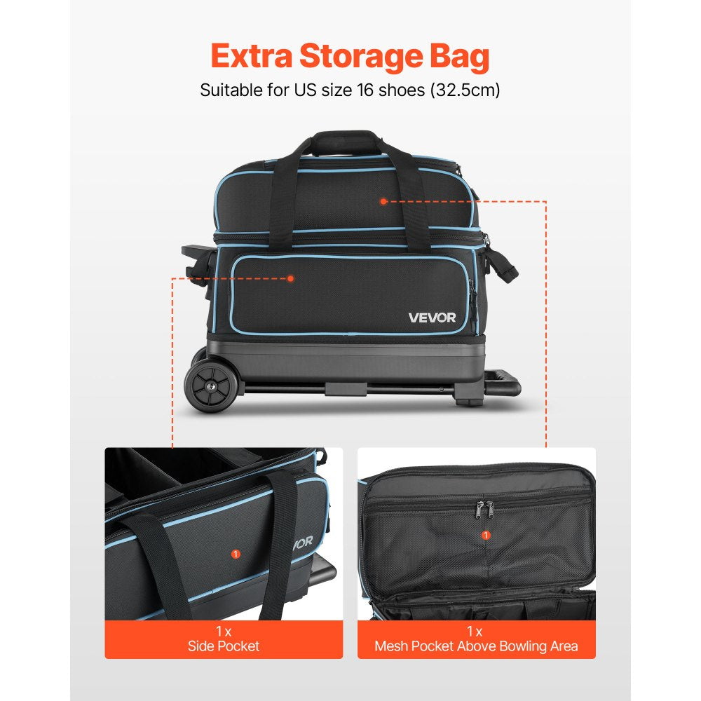 VEVOR Bowling Ball Bag, 2 Ball Double Roller Bowling Bag with Wheels, Featuring a Separate Compartment for Shoes (Up To US Size 16) & Oversized Accessory Pocket, Retractable Handle Extends to 41.32 in