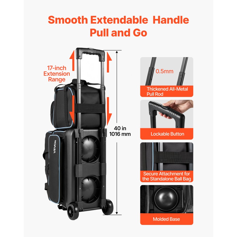 VEVOR 3 Ball Bowling Bag Double Roller Bag with Separate Shoe Compartment, for Bowling Shoes (Up To US Men Size 16), Rolling Ball Bag w/ Wheel, Accessory Pocket, Retractable Handle Extends to 40 in