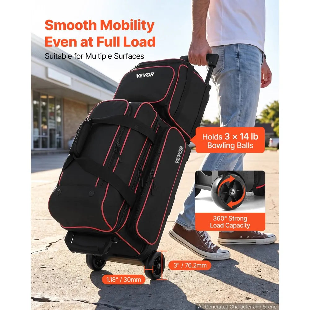 VEVOR 3 Ball Bowling Bag Double Roller Bag with Separate Shoe Compartment, for Bowling Shoes (Up To US Men Size 16), Rolling Ball Bag w/ Wheel, Accessory Pocket, Retractable Handle Extends to 40 in