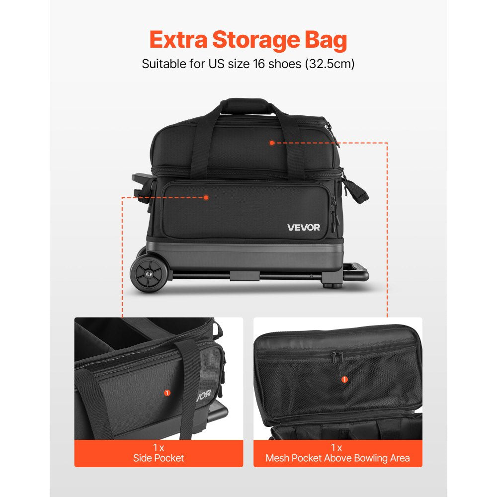 VEVOR Bowling Ball Bag, 2 Ball Double Roller Bowling Bag with Wheels, Featuring a Separate Compartment for Shoes (Up To US Size 16) & Oversized Accessory Pocket, Retractable Handle Extends to 41.32 in