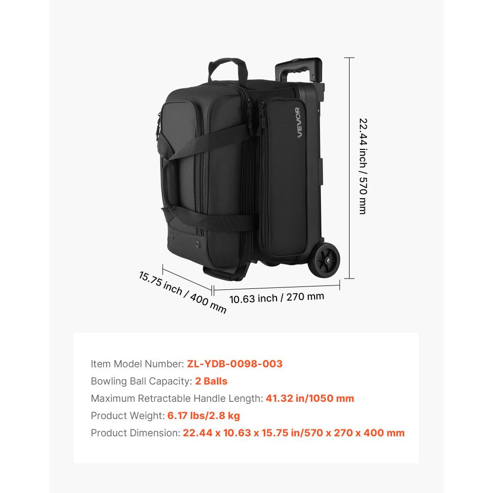 VEVOR Bowling Ball Bag, 2 Ball Double Roller Bowling Bag with Wheels, Featuring a Separate Compartment for Shoes (Up To US Size 16) & Oversized Accessory Pocket, Retractable Handle Extends to 41.32 in