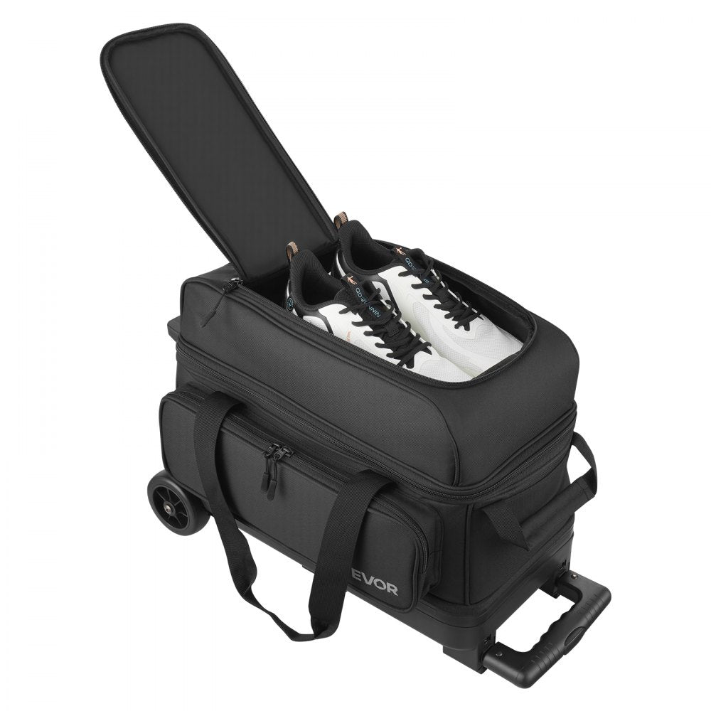 VEVOR Bowling Ball Bag, 2 Ball Double Roller Bowling Bag with Wheels, Featuring a Separate Compartment for Shoes (Up To US Size 16) & Oversized Accessory Pocket, Retractable Handle Extends to 41.32 in