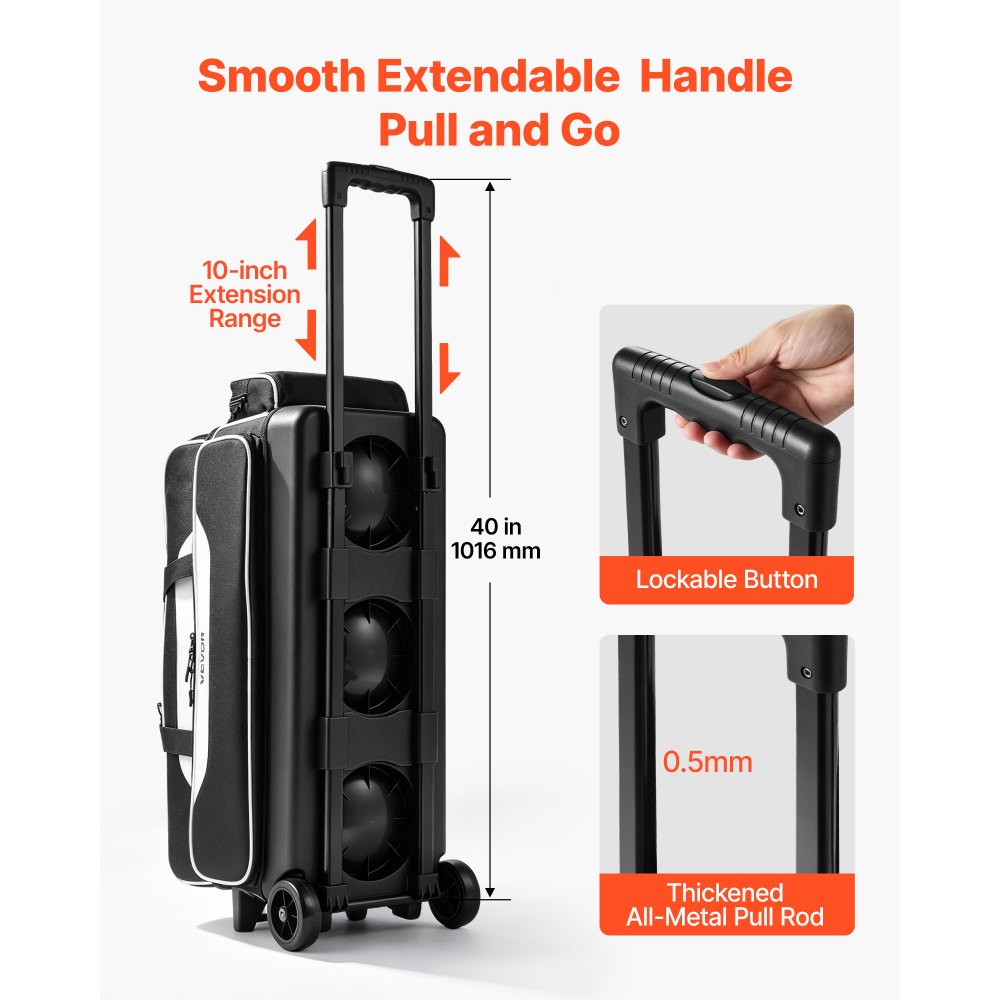 VEVOR 3 Ball Bowling Bag Double Roller Bag with Separate Shoe Compartment, for Bowling Shoes (Up To US Men Size 16), Rolling Ball Bag w/ Wheel, Accessory Pocket, Retractable Handle Extends to 40 in