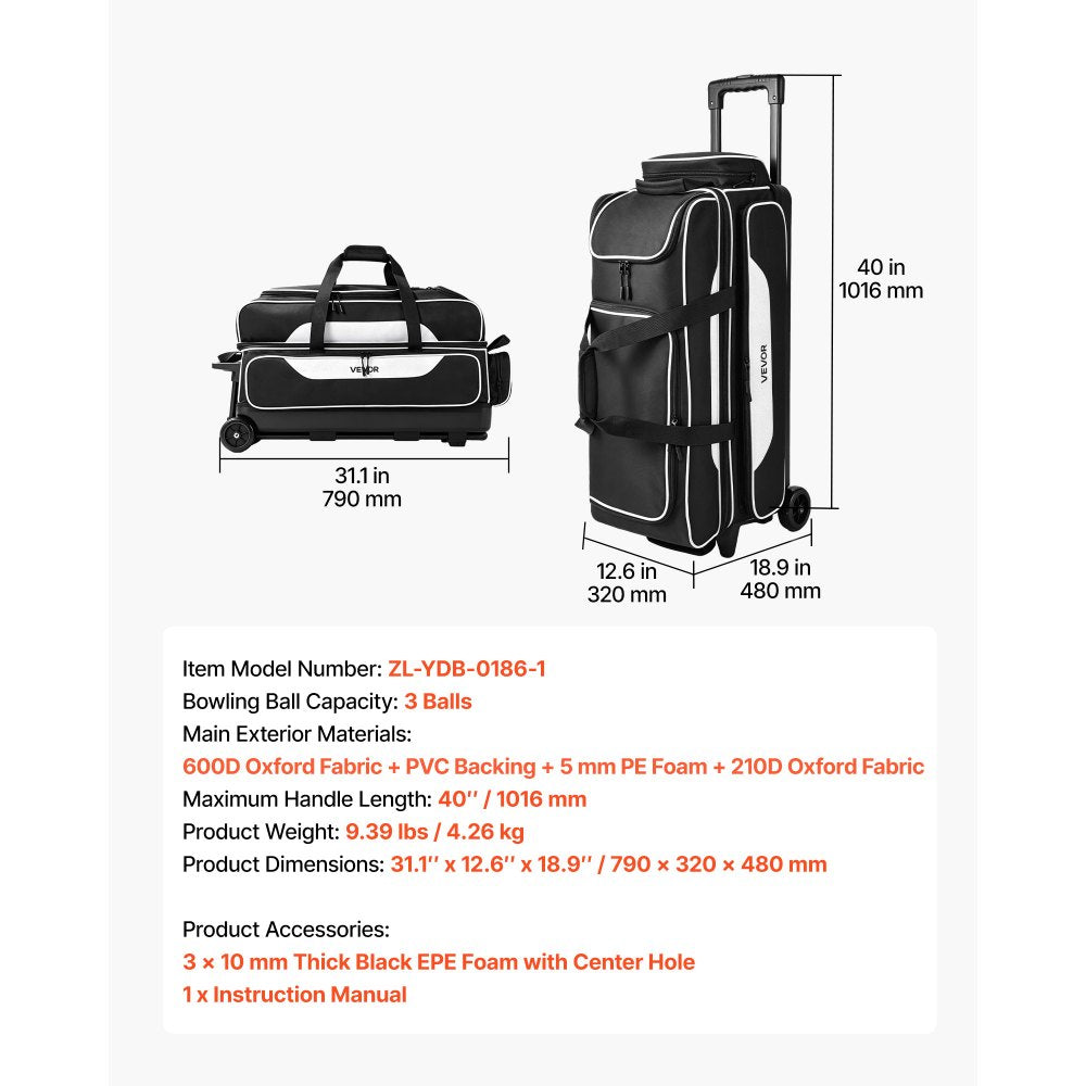 VEVOR 3 Ball Bowling Bag Double Roller Bag with Separate Shoe Compartment, for Bowling Shoes (Up To US Men Size 16), Rolling Ball Bag w/ Wheel, Accessory Pocket, Retractable Handle Extends to 40 in