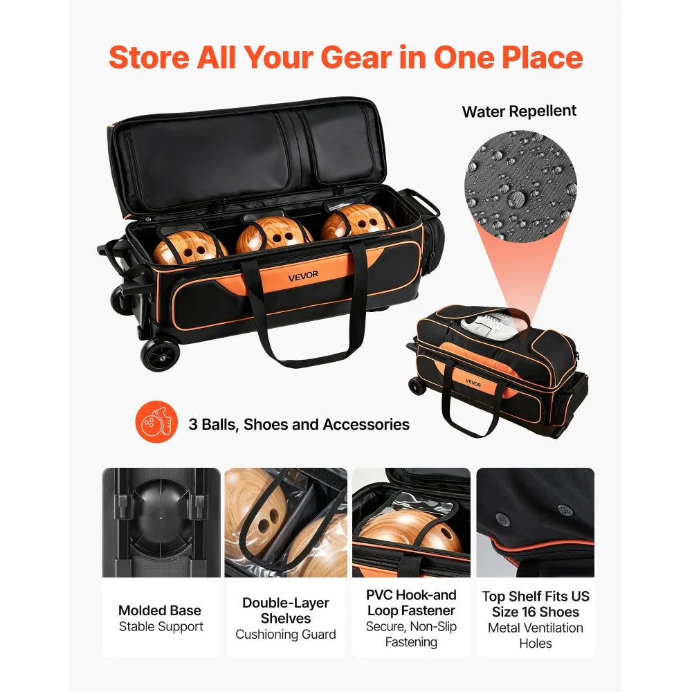 VEVOR 3 Ball Bowling Bag Double Roller Bag with Separate Shoe Compartment, for Bowling Shoes (Up To US Men Size 16), Rolling Ball Bag w/ Wheel, Accessory Pocket, Retractable Handle Extends to 40 in