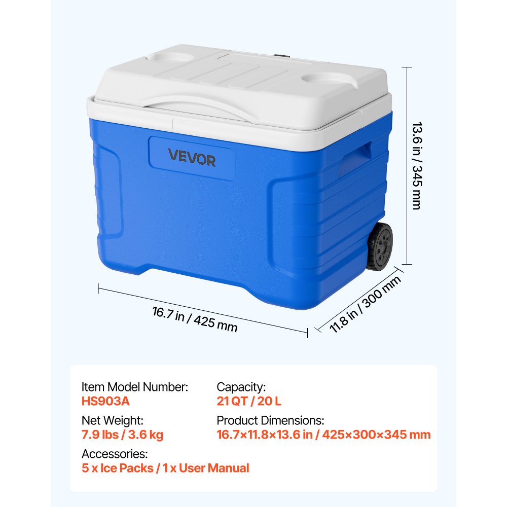 VEVOR Hard Cooler, 21QT Portable Rolling Cooler with Wheels, Leak-Resistant Coolbox Keeps Contents Cool for 48 Hours, Ice Retention Insulated Chests, Ultra-Light for Outdoor Picnics, Grill, Camping