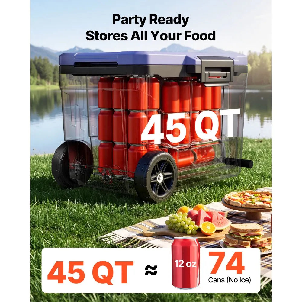VEVOR Hard Cooler, 45QT Portable Rolling Cooler with Wheels, Leak-Resistant Coolbox Keeps Contents Cool for 48 Hours, Ice Retention Insulated Chests, Ultra-Light for Outdoor Picnics, Grill, Camping