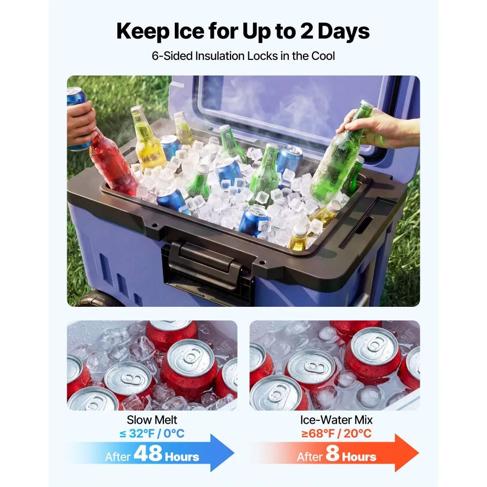 VEVOR Hard Cooler, 45QT Portable Rolling Cooler with Wheels, Leak-Resistant Coolbox Keeps Contents Cool for 48 Hours, Ice Retention Insulated Chests, Ultra-Light for Outdoor Picnics, Grill, Camping