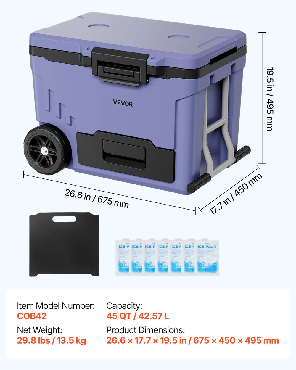 VEVOR Hard Cooler, 45QT Portable Rolling Cooler with Wheels, Leak-Resistant Coolbox Keeps Contents Cool for 48 Hours, Ice Retention Insulated Chests, Ultra-Light for Outdoor Picnics, Grill, Camping