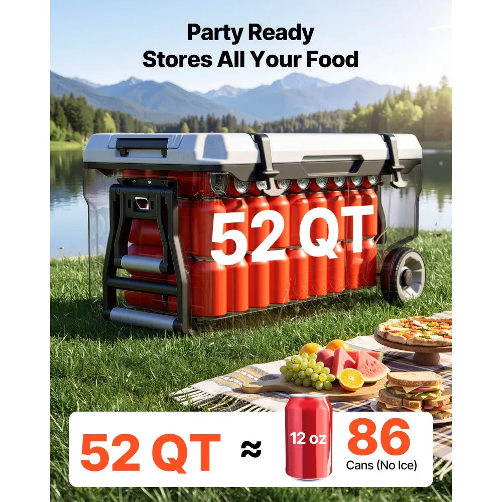 VEVOR Hard Cooler, 52QT Portable Rolling Cooler with Wheels, Leak-Resistant Coolbox Keeps Contents Cool for 48 Hours, Ice Retention Insulated Chests, Ultra-Light for Outdoor Picnics, Grill, Camping