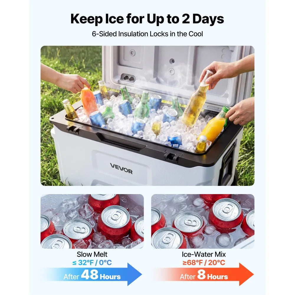VEVOR Hard Cooler, 52QT Portable Rolling Cooler with Wheels, Leak-Resistant Coolbox Keeps Contents Cool for 48 Hours, Ice Retention Insulated Chests, Ultra-Light for Outdoor Picnics, Grill, Camping