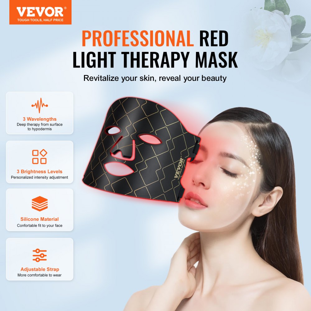 VEVOR Red Light Therapy for Face, Red Light Therapy Mask with 3 Wavelengths and 3 Intensity Levels, LED Face Mask Light Therapy, Portable Facial Skin Care Device for Skin Health, Anti Aging Wrinkles