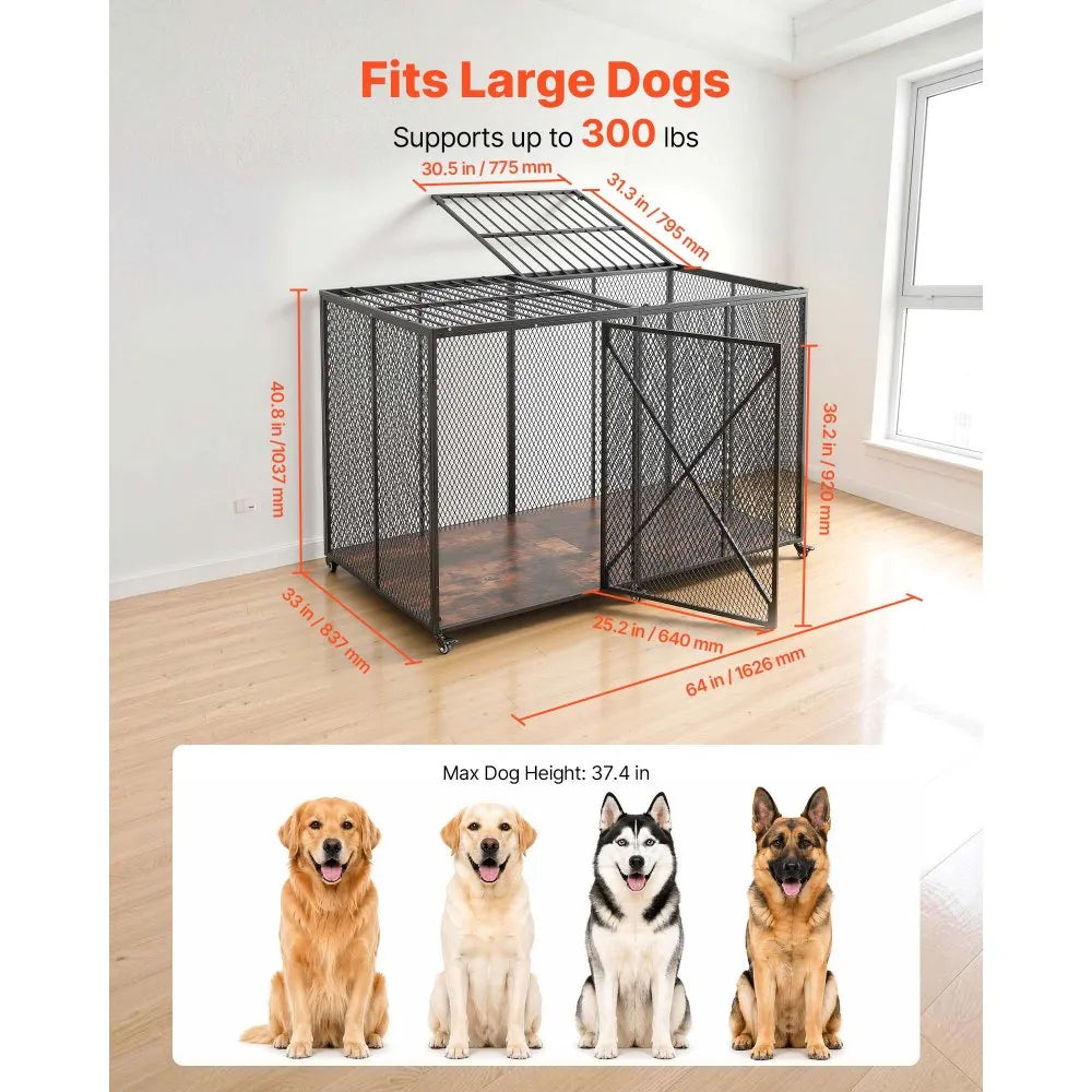 VEVOR 64 Inch Heavy Duty Dog Crate, Max Load Capacity 300 lbs, Indestructible Escape-Proof Dog Kennel Indoor for High Anxiety Large Breeds, Steel Metal Pet Cage with Double Doors & Lockable Wheels