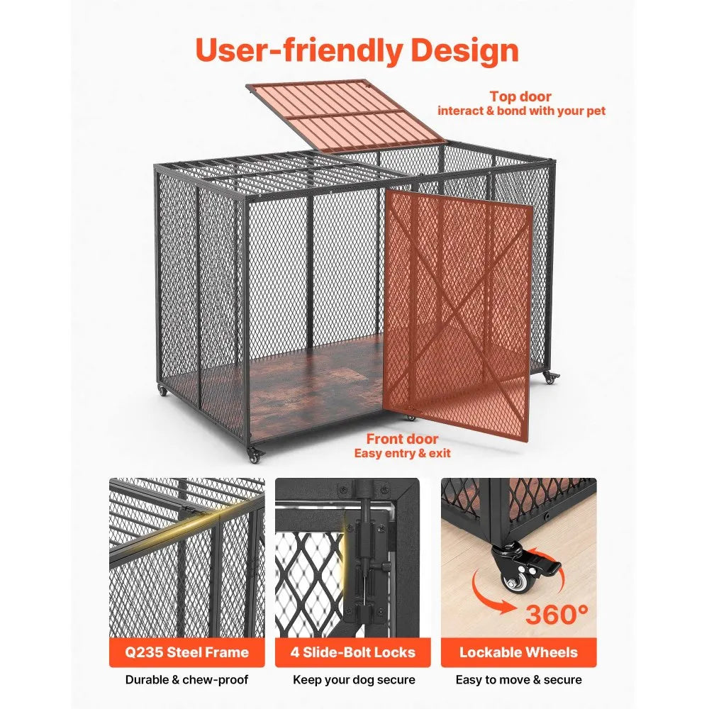 VEVOR 64 Inch Heavy Duty Dog Crate, Max Load Capacity 300 lbs, Indestructible Escape-Proof Dog Kennel Indoor for High Anxiety Large Breeds, Steel Metal Pet Cage with Double Doors & Lockable Wheels