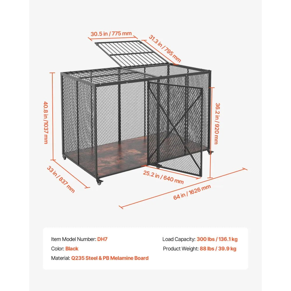 VEVOR 64 Inch Heavy Duty Dog Crate, Max Load Capacity 300 lbs, Indestructible Escape-Proof Dog Kennel Indoor for High Anxiety Large Breeds, Steel Metal Pet Cage with Double Doors & Lockable Wheels