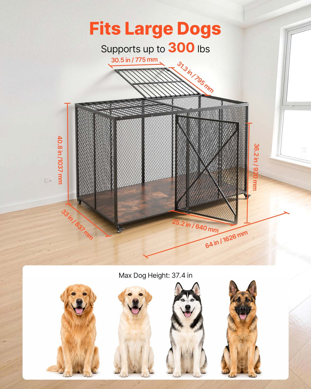 VEVOR 64 Inch Heavy Duty Dog Crate, Max Load Capacity 300 lbs, Indestructible Escape-Proof Dog Kennel Indoor for High Anxiety Large Breeds, Steel Metal Pet Cage with Double Doors & Lockable Wheels