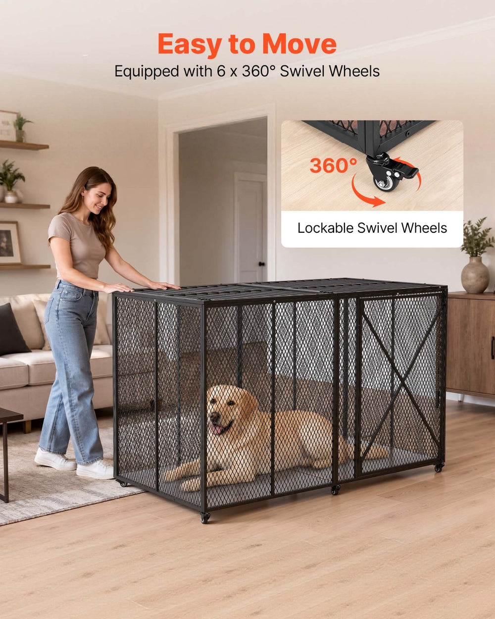 VEVOR 64 Inch Heavy Duty Dog Crate, Max Load Capacity 300 lbs, Indestructible Escape-Proof Dog Kennel Indoor for High Anxiety Large Breeds, Steel Metal Pet Cage with Double Doors & Lockable Wheels