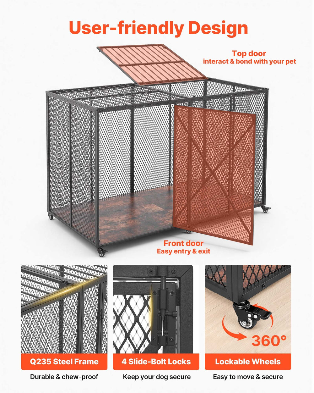 VEVOR 64 Inch Heavy Duty Dog Crate, Max Load Capacity 300 lbs, Indestructible Escape-Proof Dog Kennel Indoor for High Anxiety Large Breeds, Steel Metal Pet Cage with Double Doors & Lockable Wheels
