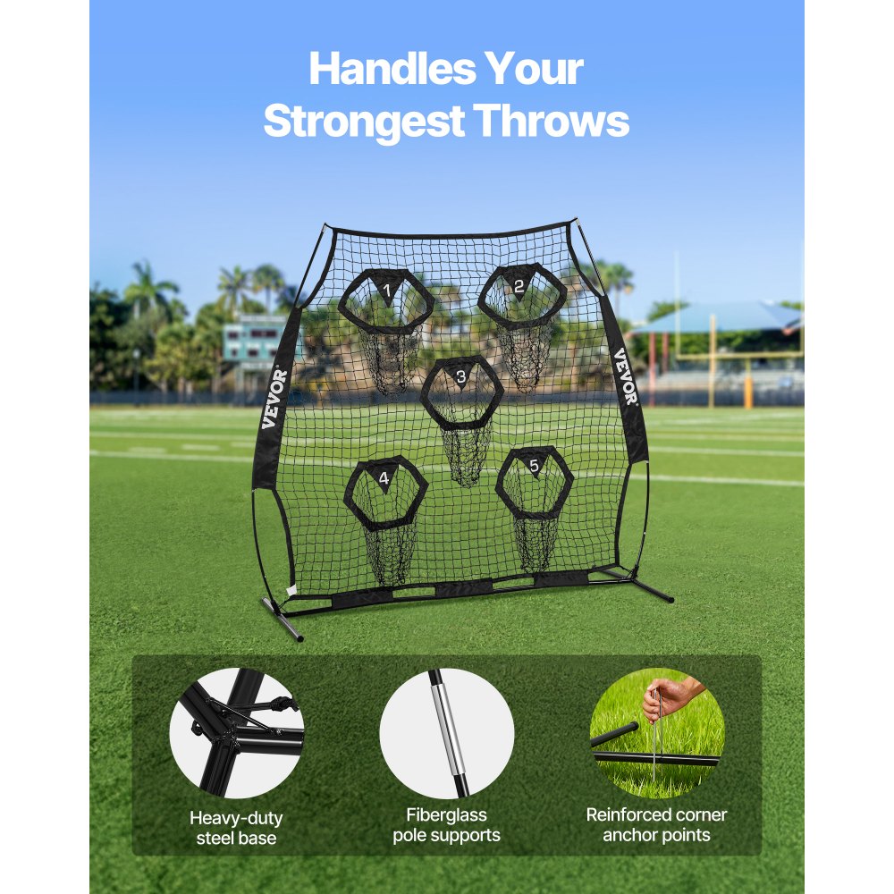 VEVOR 6 x 6 ft Football Trainer Throwing Net, Training Throwing Target Practice Net with 5 Target Pockets, Knotless Net Includes Straps and Portable Carry Case, Improve QB Throwing Accuracy, Black