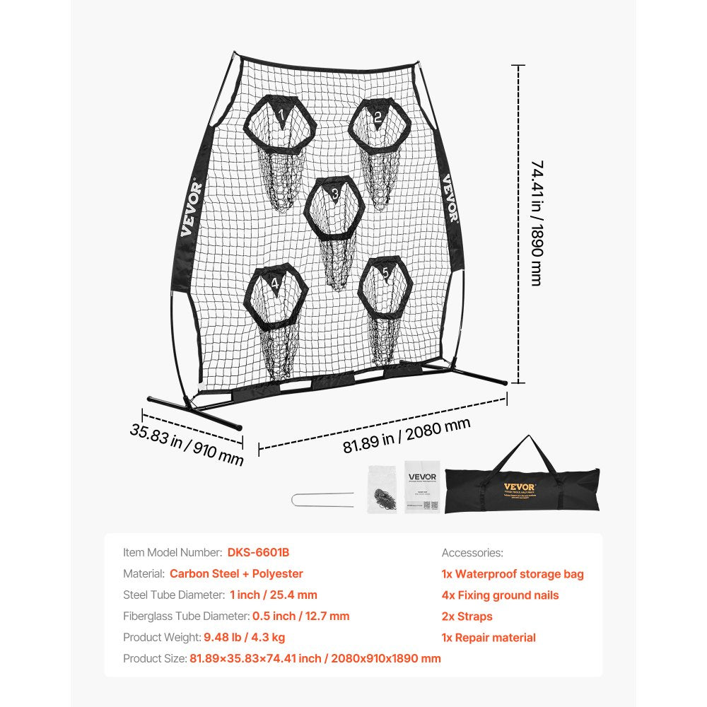 VEVOR 6 x 6 ft Football Trainer Throwing Net, Training Throwing Target Practice Net with 5 Target Pockets, Knotless Net Includes Straps and Portable Carry Case, Improve QB Throwing Accuracy, Black