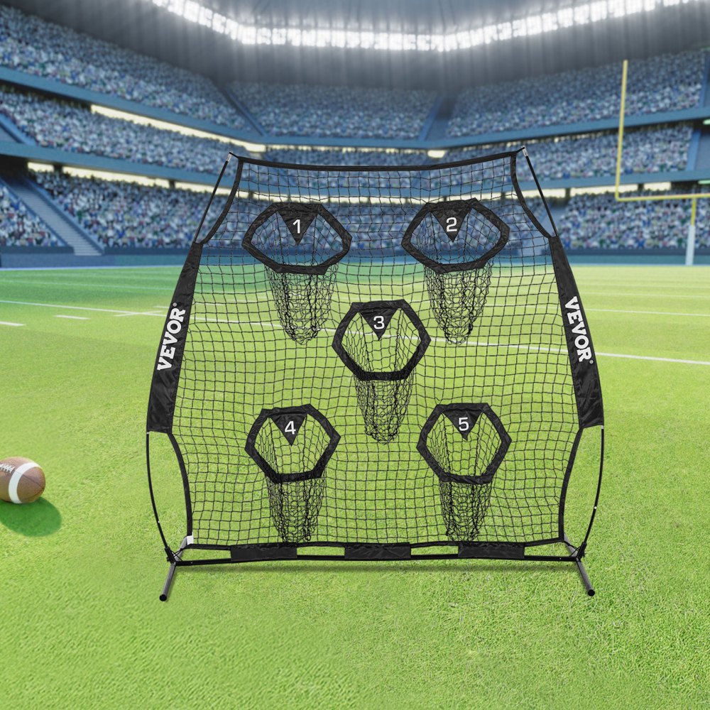 VEVOR 6 x 6 ft Football Trainer Throwing Net, Training Throwing Target Practice Net with 5 Target Pockets, Knotless Net Includes Straps and Portable Carry Case, Improve QB Throwing Accuracy, Black