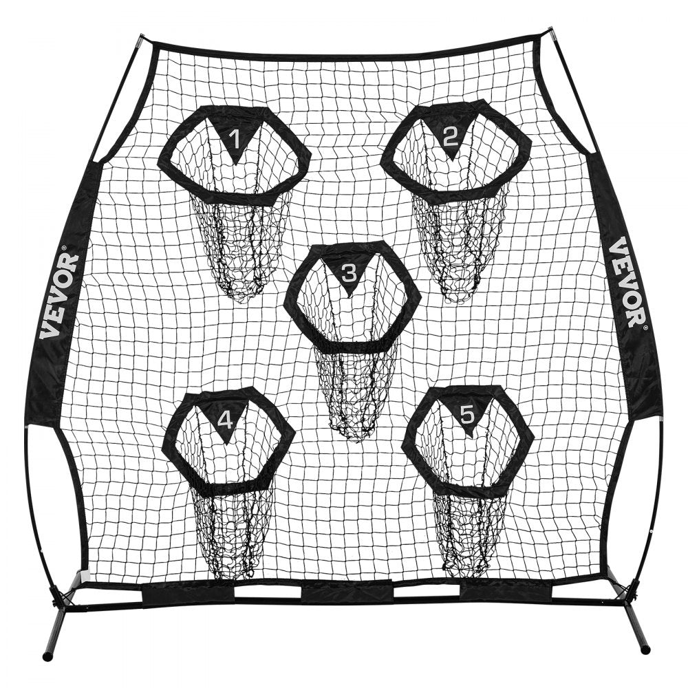 VEVOR 6 x 6 ft Football Trainer Throwing Net, Training Throwing Target Practice Net with 5 Target Pockets, Knotless Net Includes Straps and Portable Carry Case, Improve QB Throwing Accuracy, Black