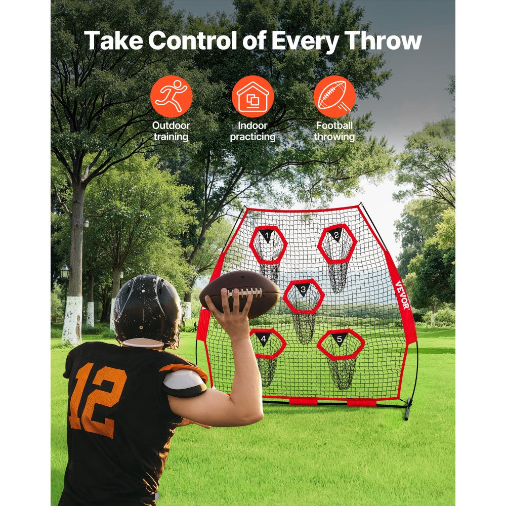 VEVOR 7 x 7 ft Football Trainer Throwing Net, Training Throwing Target Practice Net with 5 Target Pockets, Knotless Net Includes Straps and Portable Carry Case, Improve QB Throwing Accuracy, Red