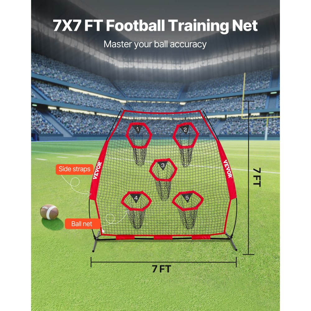 VEVOR 7 x 7 ft Football Trainer Throwing Net, Training Throwing Target Practice Net with 5 Target Pockets, Knotless Net Includes Straps and Portable Carry Case, Improve QB Throwing Accuracy, Red