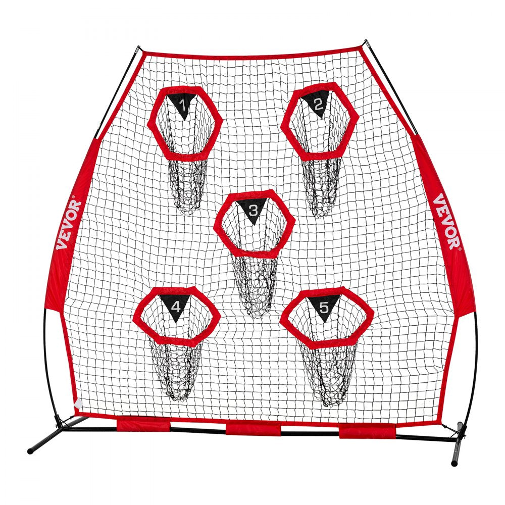 VEVOR 7 x 7 ft Football Trainer Throwing Net, Training Throwing Target Practice Net with 5 Target Pockets, Knotless Net Includes Straps and Portable Carry Case, Improve QB Throwing Accuracy, Red