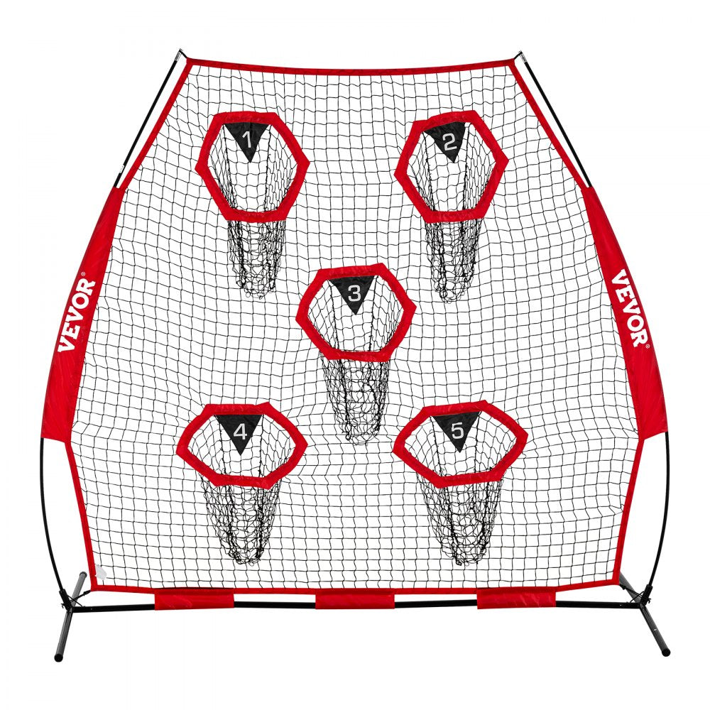 VEVOR 7 x 7 ft Football Trainer Throwing Net, Training Throwing Target Practice Net with 5 Target Pockets, Knotless Net Includes Straps and Portable Carry Case, Improve QB Throwing Accuracy, Red