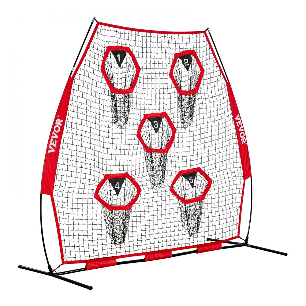 VEVOR 7 x 7 ft Football Trainer Throwing Net, Training Throwing Target Practice Net with 5 Target Pockets, Knotless Net Includes Straps and Portable Carry Case, Improve QB Throwing Accuracy, Red