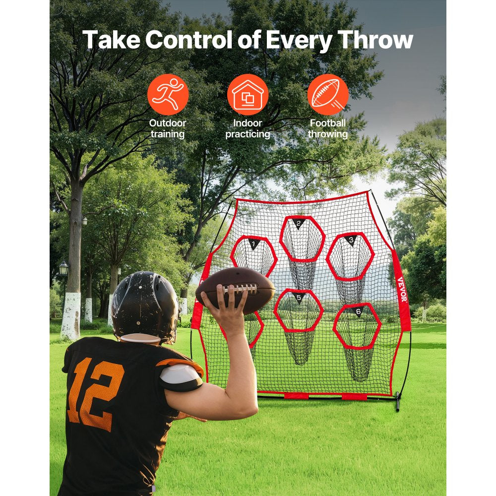 VEVOR 8 x 8 ft Football Trainer Throwing Net, Training Throwing Target Practice Net with 6 Target Pockets, Knotless Net Includes Straps and Portable Carry Case, Improve QB Throwing Accuracy, Red