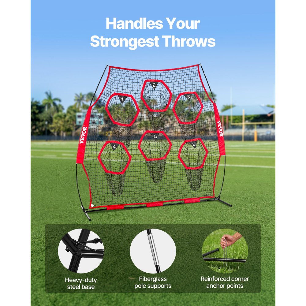 VEVOR 8 x 8 ft Football Trainer Throwing Net, Training Throwing Target Practice Net with 6 Target Pockets, Knotless Net Includes Straps and Portable Carry Case, Improve QB Throwing Accuracy, Red