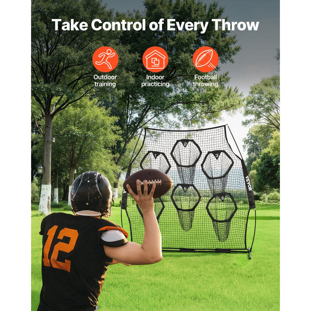 VEVOR 8 x 8 ft Football Trainer Throwing Net, Training Throwing Target Practice Net with 6 Target Pockets, Knotless Net Includes Straps and Portable Carry Case, Improve QB Throwing Accuracy, Black