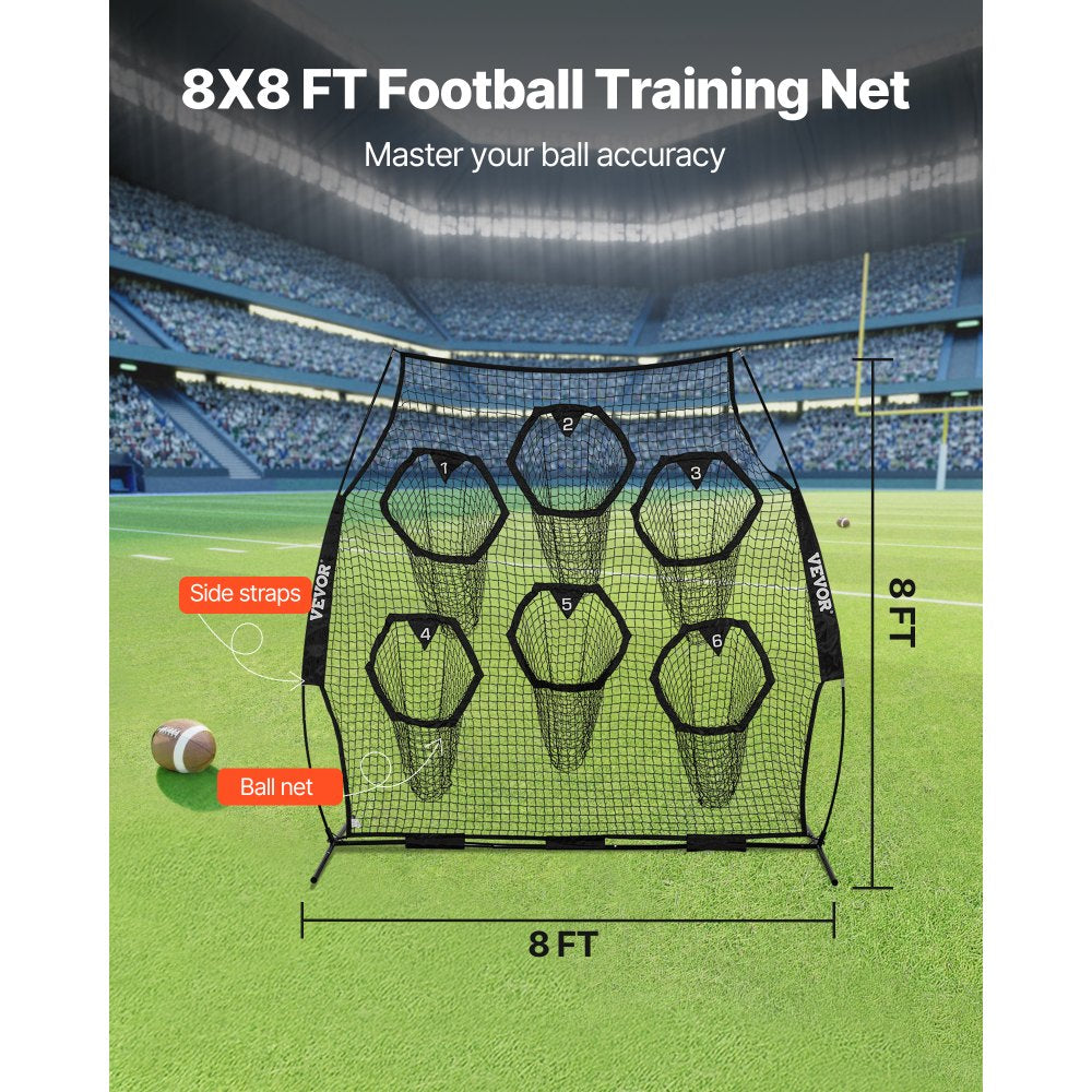 VEVOR 8 x 8 ft Football Trainer Throwing Net, Training Throwing Target Practice Net with 6 Target Pockets, Knotless Net Includes Straps and Portable Carry Case, Improve QB Throwing Accuracy, Black